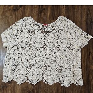 Crochet Lace Top Womens Size 2X Beige Short Sleeve Shirt Boho Festival Feminine
